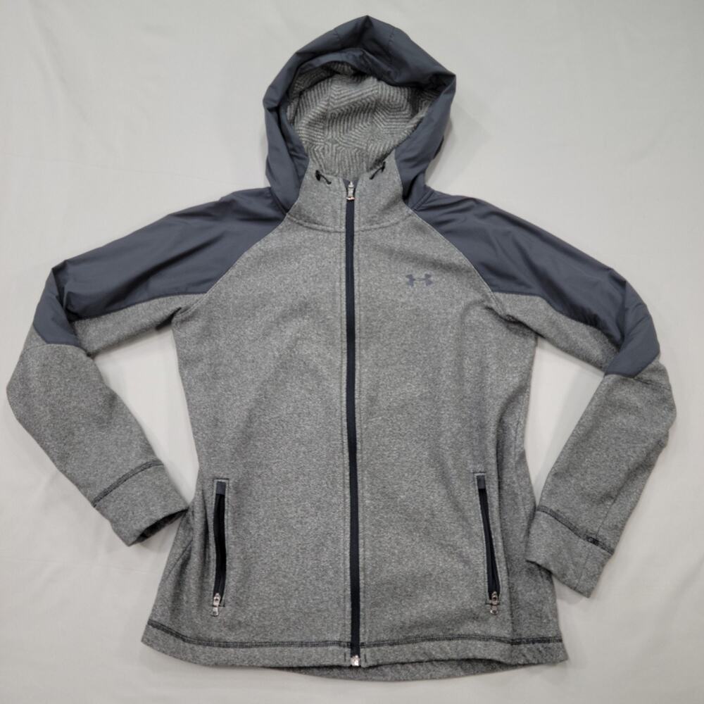 Under Armour Womens S ColdGear Hooded Full Zip Fleece Jacket Gray Athletc Winter